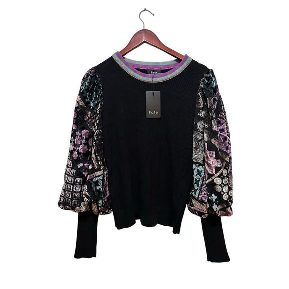 NWT Fate Black Burnout Velvet Mutton Sleeves Novelty Sweater Size Large - Picture 3 of 8